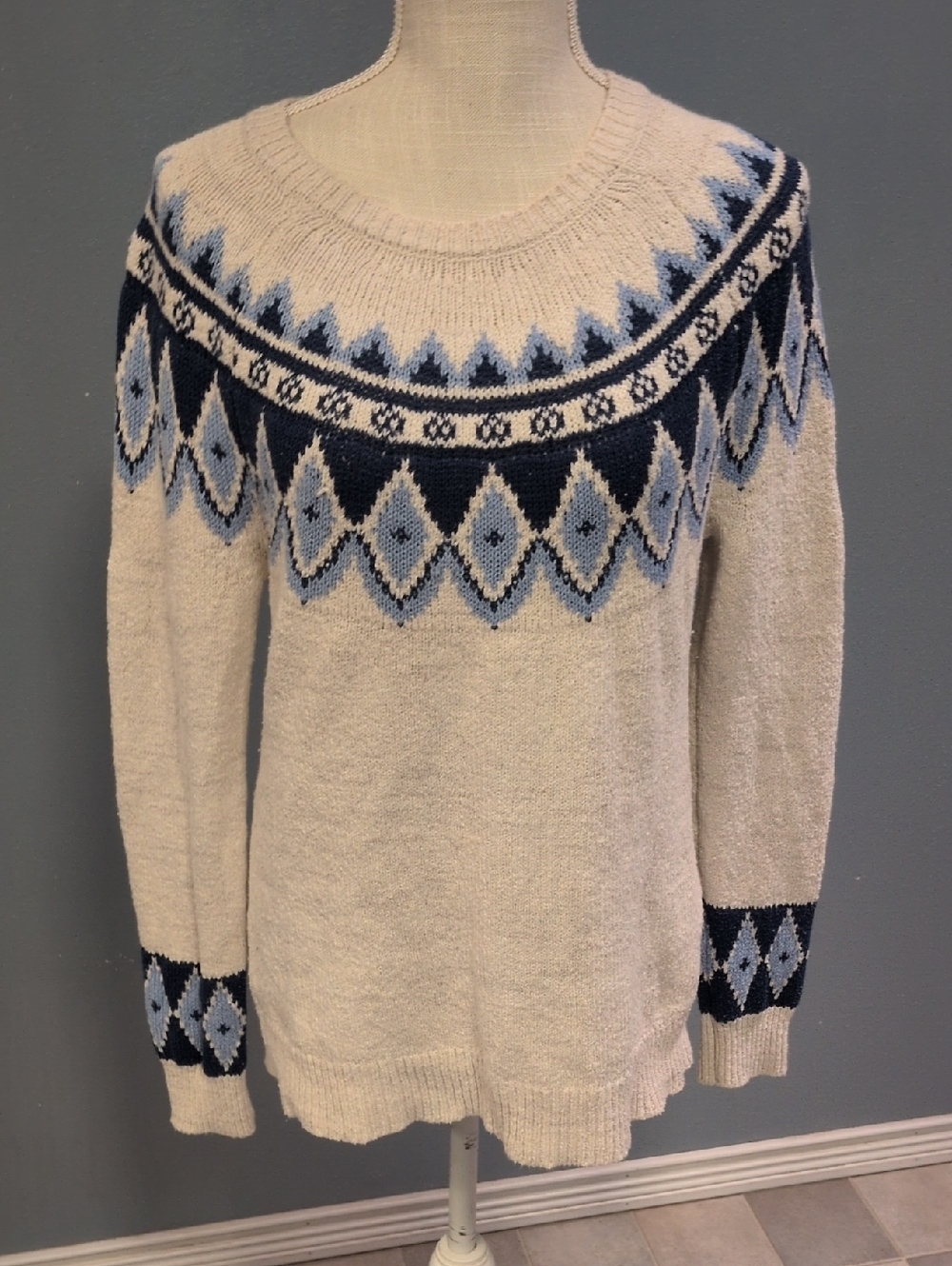 Blair Scoopneck Fairisle Cotton Blend Chunky Knit Nordic Sweater Blue White